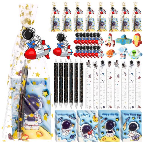 Sinload 24 Sets The First Day of School Gifts Space Theme Stationery Bulk Space Party Favors Mini Notebooks Mechanical Pencil Ruler Eraser Astronaut Cards for School Classroom Birthday Party Supplies