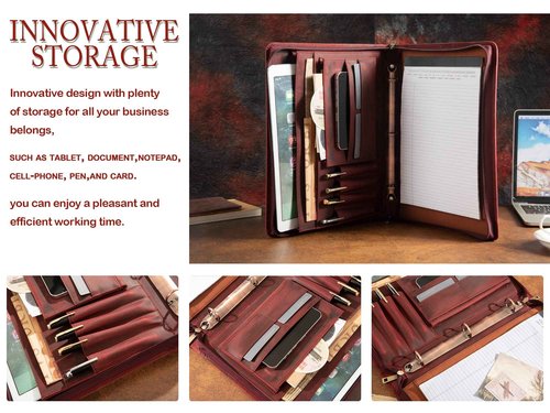 AZXCG Leather Portfolio Organizer, 3 Ring Binder Padfolio Folder, Resume Zippered Folio for A4/Letter Size Notepad, Business Binder Portfolio with Zipper for 13" Laptop, Gift for Women, Red
