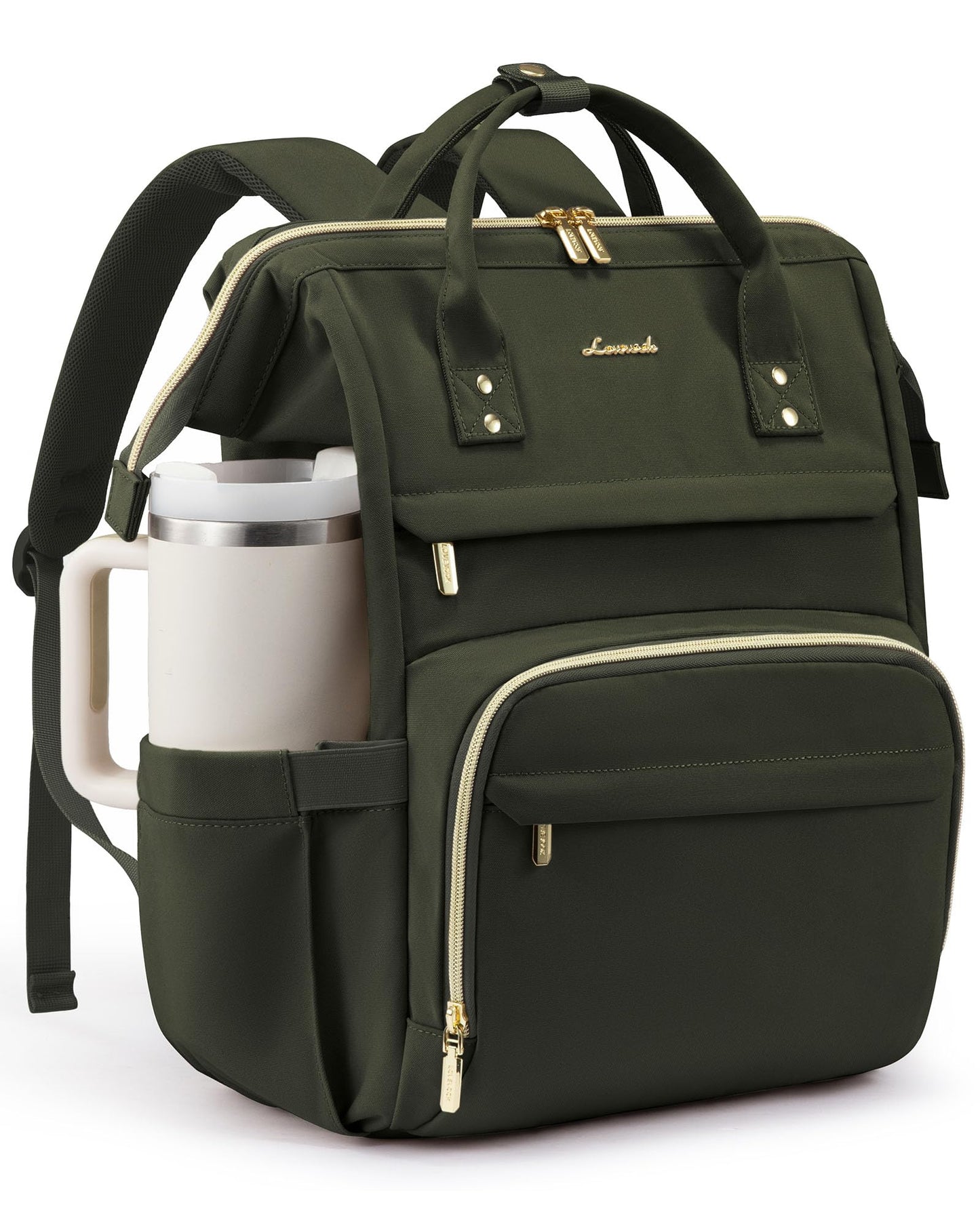 LOVEVOOK Laptop Backpack for Women with Giant Tumbler Holder Pocket,18 inch Waterproof Travel Backpack Purse Computer Laptop Bag,Professional Work College Nurse Teacher Backpack Daypack,Olive Green