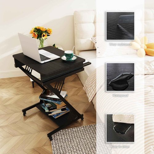 ALISENED Computer Desk for Small Spaces,23.6" Z-Shaped Compact Study Table with Smooth Keyboard Tray,with Wheels and Bottom Shelves for Home Office，Computer Cart Mobile Laptop Cart