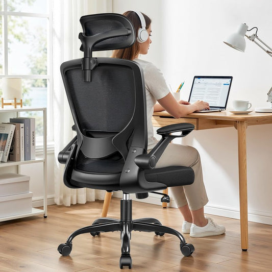 Ergonomic Office Desk Chair, Computer Desk Chair with Adjustable Lumbar Support, FILP-up Arms, Breathable Mesh Home Office Chairs Comfortable for Long Hours, Black
