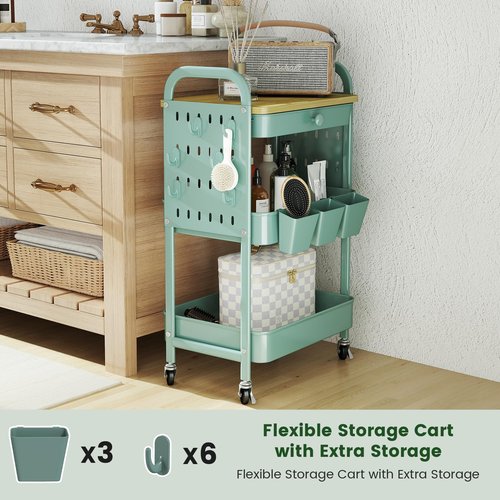danpinera 3 Tier Rolling Cart, Metal Utility Cart with Wooden Table Top & DIY Pegboard, Rolling Carts with Drawer, Storage Cart Craft Cart with Hooks & Hanging Cups for Kitchen, Bathroom, Office