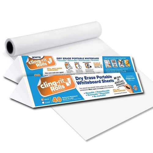 Clingers Instant Whiteboards - Repositional Dry Erase Sheets, 40 Whiteboards per Roll, 20x30 Inch, Removable & Recyclable Cling-rite Rolls for School, Office Decor, and Art Projects - American Made