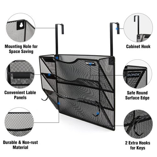 Wall File Organizer, 3 Tire Hanging File Folder Mail Organizer, Vertical Mesh Metal Door/Wall Mount Hanging File Holder, Paper Document Magazine Rack with Hooks for Home Office Black