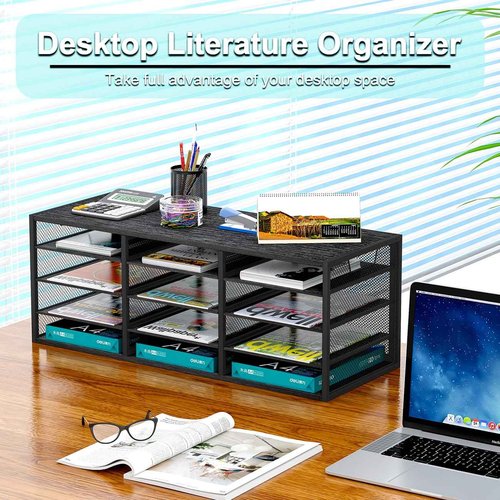 PAG Desktop Mail Sorter, Industrial Countertop Heavy Duty Literature Organizer, Student Mailbox for Classroom, Bill Paper Holder Rack for Office Home School, 12 Compartments, Black