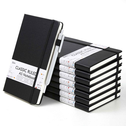 feela 8 Pack Journal Notebook Bulk for School, Hardcover Business Notebooks Classic Ruled Lined Journals with Pen Holder for Work Note Taking, with 8 Black Pens, 120 GSM, 5.1”x8.3”, A5, Black