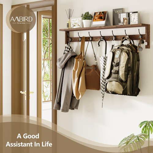 AMBIRD Coat Rack Wall Mount, 35 Inch Extra Long Wall Hooks with Hanging, Wooden Shelf with 7 Metal Hooks 2 Side Hooks, Wall Key Holder with Shelf in Entryway, Kitchen, Bathroom, Living Room, Bedroom