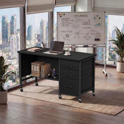 Regine Switzerland Rolling Teacher Desk - Mobile 47" Computer Desk with File Drawer & Privacy Panel | Modern Black Office Furniture