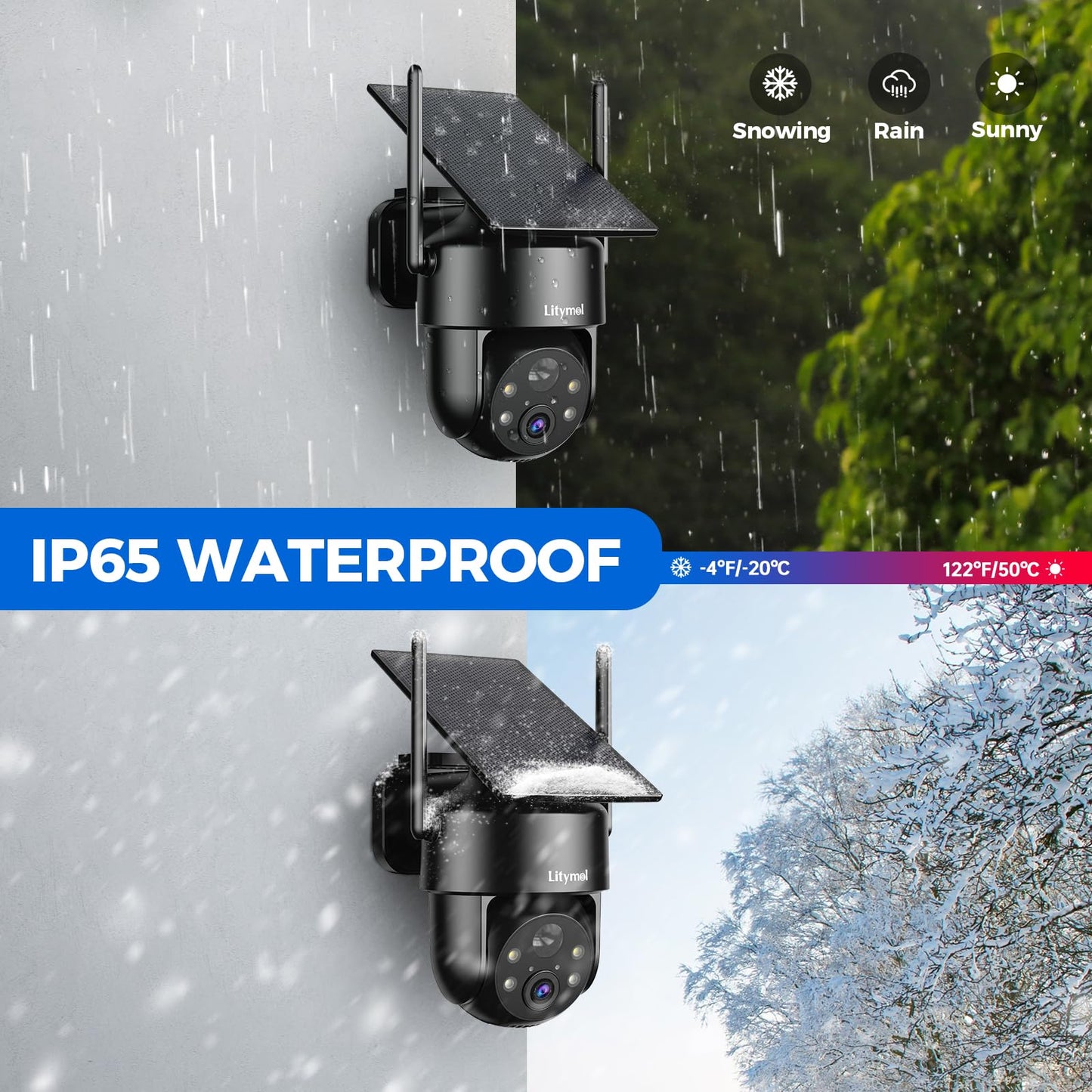 LITYMOL Solar Security Cameras Wireless Outdoor, 2K 360° View Cameras for Home Security, Color Night Vision, AI & PIR Motion Detection, 2-Way Audio, Spotlight Siren Alarm, IP65, SD/Cloud Storage