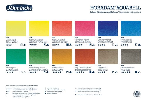 Schmincke - HORADAM AQUARELL Bestseller color box with 12 finest watercolors, 74412097, metal box, painting set, 12 x 1/2 pans, space for 12 additional 1/2 pans