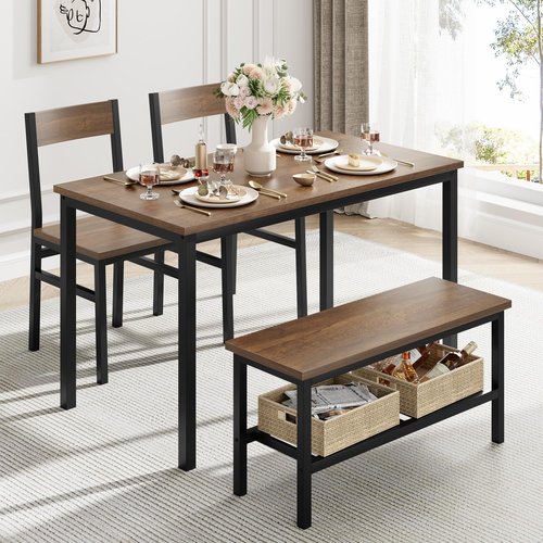 GarveeHome Dining Table Set for 4 with Bench, Kitchen Table Set with Bench, Dining Room Table Set with Storage Racks, Table and Chairs Set for Small Apartment, Kitchen, Dinette Table Set, Brown