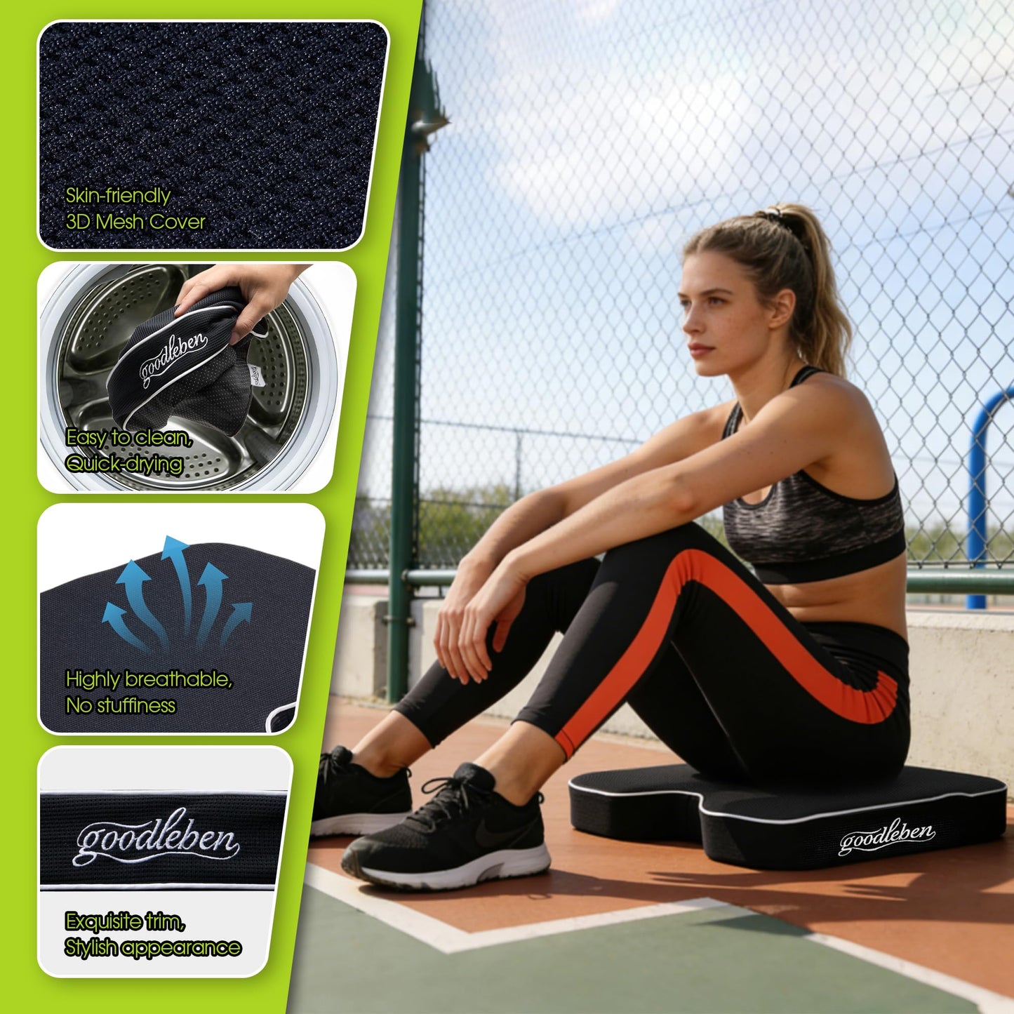 goodleben Stadium Seat Cushion - Dual Layer Foam with 30D Support & 40D Memory, Thick & Breathable Bleacher Pad for Football, Baseball, Outdoor Games, and Indoor Events (1 Pack)