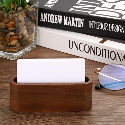 PATIKIL Business Card Holder for Desk, 4pcs Single Slot Wood Business Card Holders Wooden Card Stand Organizer Cards Display for Office Exhibition, Dark Brown