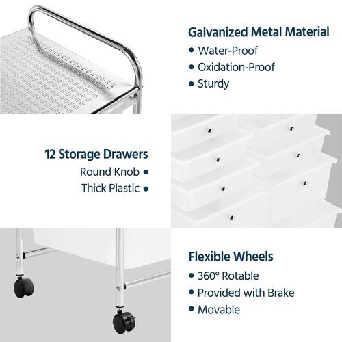 Yaheetech 12 Drawers Rolling Storage Cart Multipurpose Movable Organizer Cart Storage Bin Trolley Tools Scrapbook Paper Organizer on Wheels, White