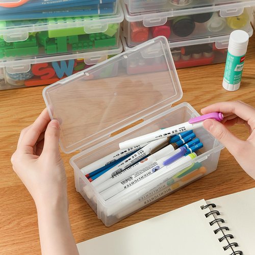 Swuj Clear Plastic Pencil Case Box 8 Pack, Stackable Craft Storage Organizer for Pens Markers Art Supplies, School Office Hobby Container with Snap Lid (Rectangular Large - 8 Pack)