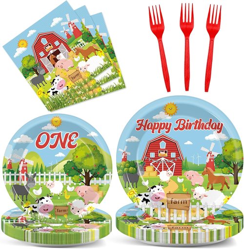 Gisgfim Farm Animals Birthday Party Supplies - 96Pcs Barnyard Tableware Set for 24 Guests