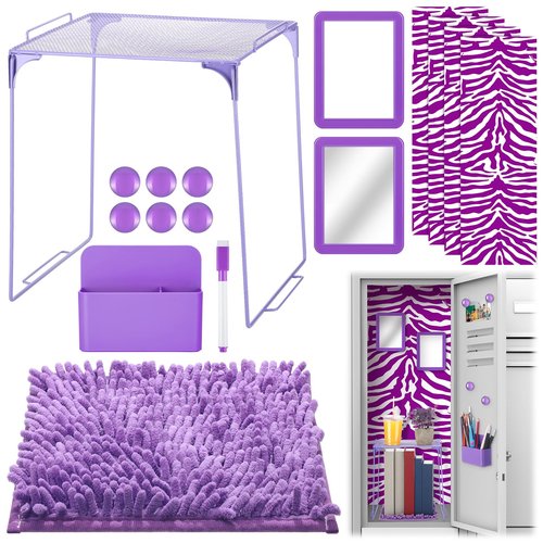Pinkunn 16 Pieces Locker Organizer Accessories Kit Wallpaper Magnetic Whiteboard Magnets Mirror Dry Eraser Marker Rug Magnetic Storage Cup Organizing Shelf for Back to School Party Essentials(Purple)
