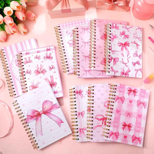 10 Pcs Christmas Gifts Coquette Pink Bow Notebook Bulk 8.3 x 5.5 Inch Spiral Aesthetic Preppy Notebook, 80 Pages, Cute Notepad Journal for Women Office Supplies Coquette Birthday Gifts Party Favors