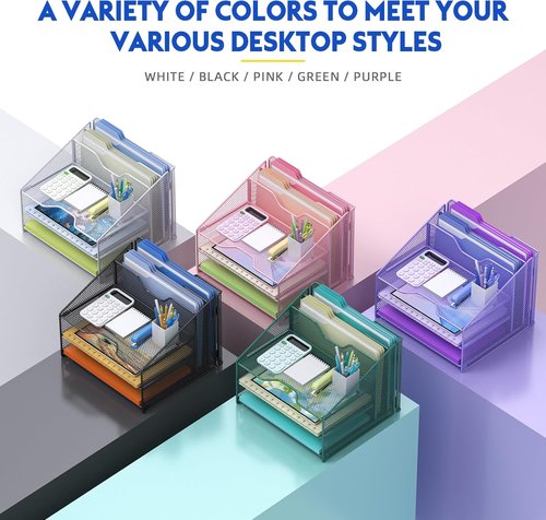Samstar Desk File Organizer - Mesh Letter Holder with 3 Trays & 2 Upright Sections | Black Office Accessory