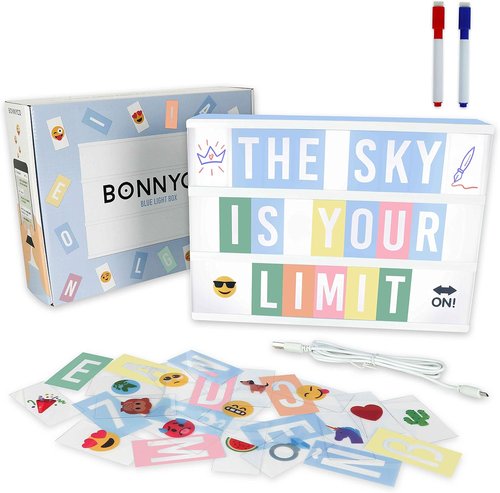 Bonnyco Blue Cinema Light Box - 400 Letters & Emojis | LED Decor for Boys' Bedrooms & Baby Showers