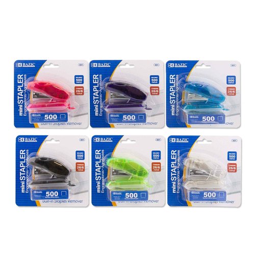 BAZIC Products Mini Stapler w/500 Staples, Standard (26/6) Built-in Staple Remover, Soft Grip 12 Sheets, Portable Small Staplers for Home Office School, 24-Pack