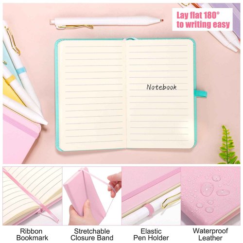 Aodaer 50 Sets Pocket Notebook Journal with Pens, 160 Pages, 3.5 x 5.5 Inch Mini Lined Journal Notebook A6 Leather Hardcover College Ruled Notepad with Pen Holder for School Office, Light Multicolor