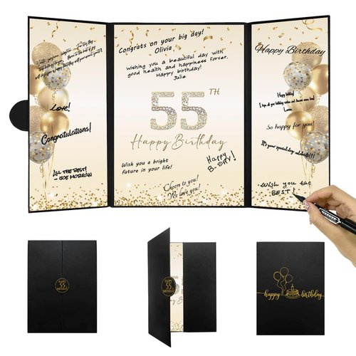 DARUNAXY Black Gold 55th Birthday Party Decorations, Happy 55th Birthday Alternative Signature Guest Book for Men Women Cheers to 55 Years Old Gifts 55 Birthday Signing Card Board Party Supplies