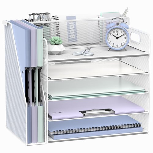 SUPEASY Desk Organizer with File Holder, 5 Tier Desktop File Organizer with 3 Pen Holders, Paper Letter Tray for Office Home Organization & Storage, Mesh Desk Accessories & Supplies, White