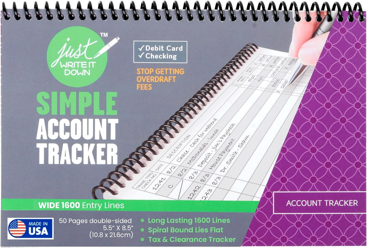 Superior Register - Simple Account Tracker & Financial Ledger - Wide Purple Checkbook Register
