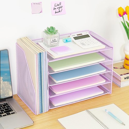OPNICE Desk Organizer - 5-Tier Paper Tray with Magazine Holder | Purple Office Supplies Storage