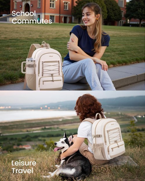 LOVEVOOK School Backpack for Teen Girls, Large Capacity College Student Backpacks with Water Bottle Holder, Cute Laptop Backpack Purse for Women, Lightweight Casual Travel Backpack, Beige-Khaki