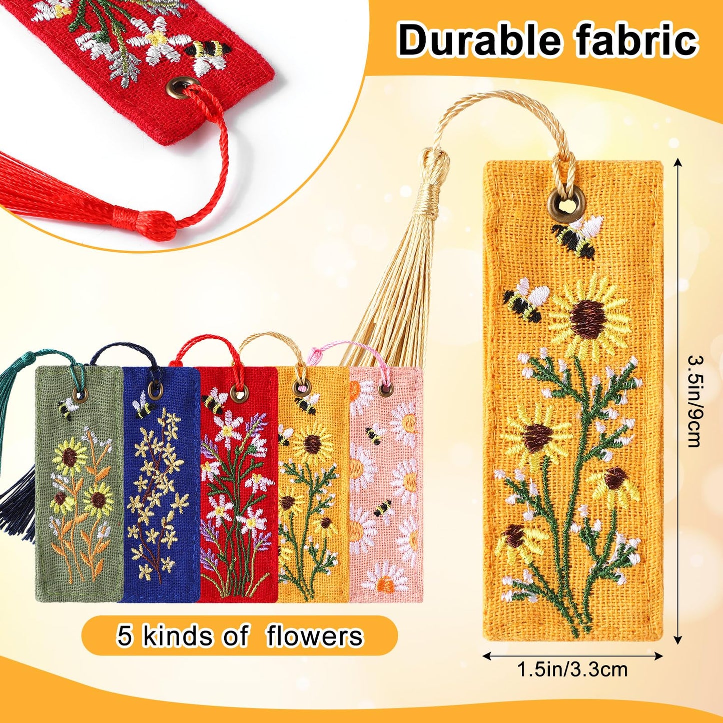 Skyygemm 5 Pcs Floral Embroidered Bookmarks with Tassels for Women Cute Handmade Flower Bookmark Bulk Linen Hand Embroidered Bookmark, Unique Book Lovers Gifts for Women Reading Lovers