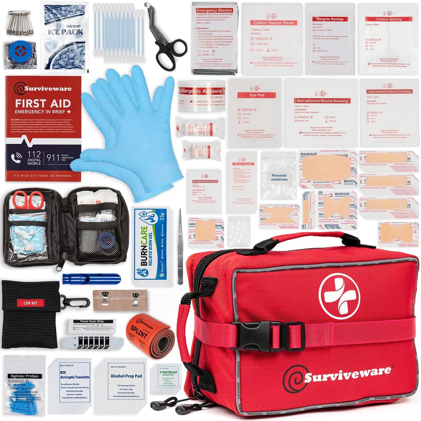 Surviveware 238 Pcs Premium Survival First Aid Kit - Essential Medical Gear for Travel, Camping & Home Emergencies