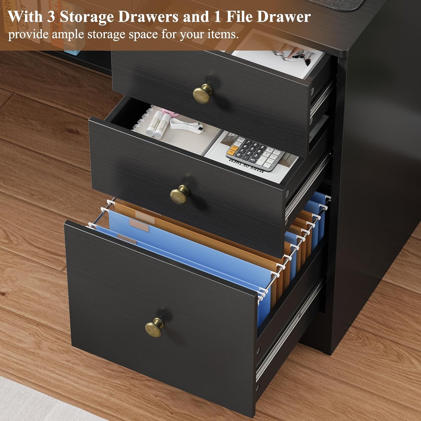 TTVIEW Computer Desk - Wood Writing Table with Drawers & Hutch Shelf | 43” Wide, Black Finish