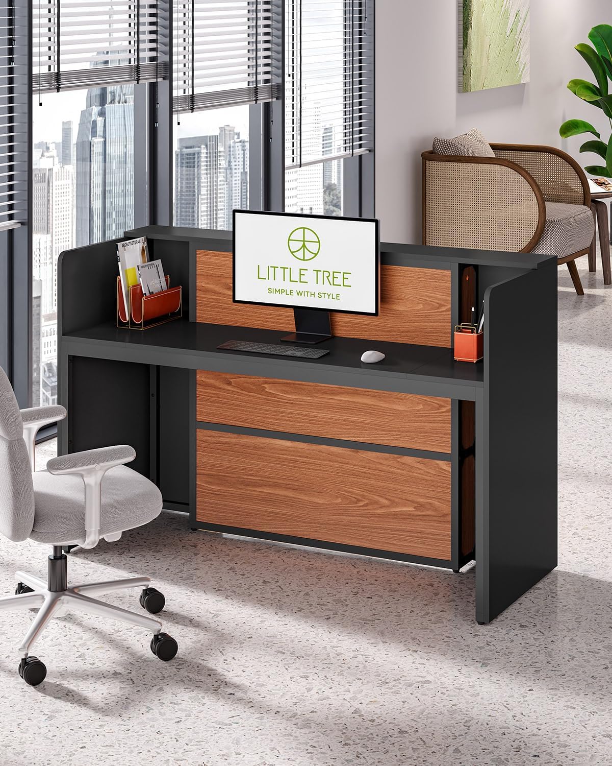 LITTLE TREE 63 Inches Reception Desk, Modern Reception Table with LED Light, Front Counter Desk, Wooden Checkout Counter for Lobbies, Salons, Retail, Home Offices, Reception Room, Black & Brown