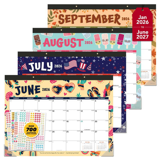 Decorably 18 Months Colorful Assorted Academic Desk Calendar 2026-2027 January 2026 to June 2027, 11x17in Easy Tear-Off Sheets with Inspirational Quotes & Stickers for Office, Home & School