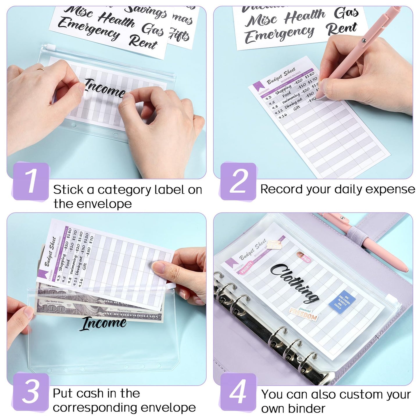Sooez Laser Silver Money Organizer for Cash, A6 Budget Binder with Cash Envelopes, 39 Black Bold Sticky Labels & 24 Colorful Budget Sheets, Money Saving Binder for Budgeting