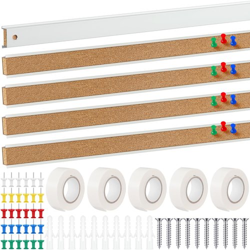 Threehoney 5 Pcs 36" x 1" Cork Strips Bulletin Bar Strips for Wall Bulletin Board Aluminum Trim Brown Cork Boards with Accessories for Paste Notes Photos Classroom Office Home Holiday Decor