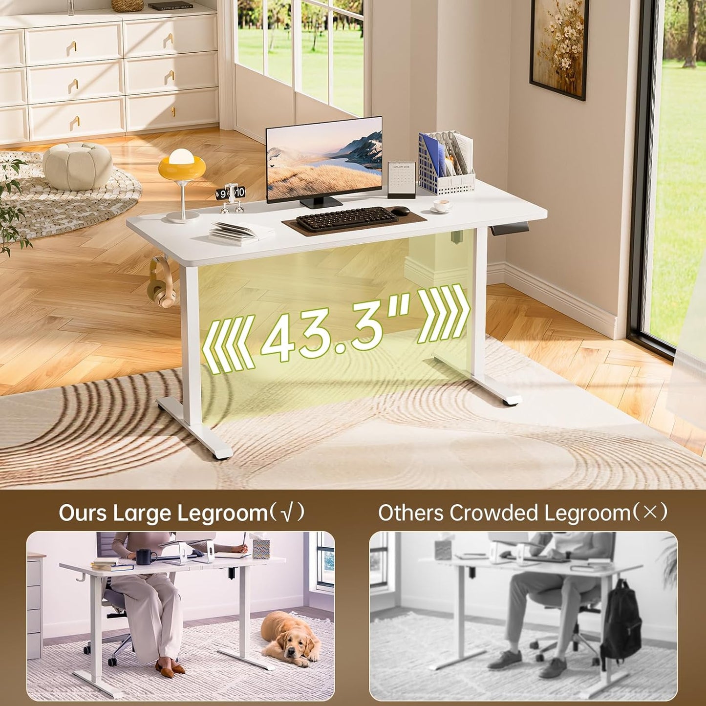 Veken 55-Inch Electric Standing Desk - Height Adjustable Home Office Table | White Wooden Desktop