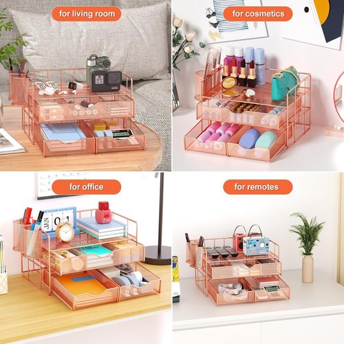 Marbrasse 3 Tier Mesh Desk Organizer with Drawer, Multi-Functional Desk Organizers and Accessories, Paper Letter Organizer with 2 Pen Holder for Home Office Supplies - Rose Gold