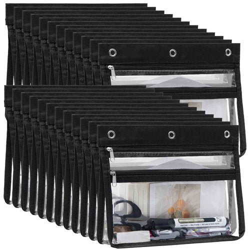 YoeeJob 24 Pack Zipper Pencil Pouches for 3 Ring Binder, 1.5 Inch Expandable with 2 Pockets and Clear Window for School and Office （Black）