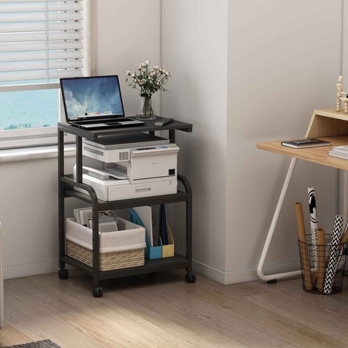 Fannova Printer Stand, 3 Tier Printer Table with Height Adjustable Storage Shelf, Rolling Printer Cart with Wheels for Home Office Organization, Black
