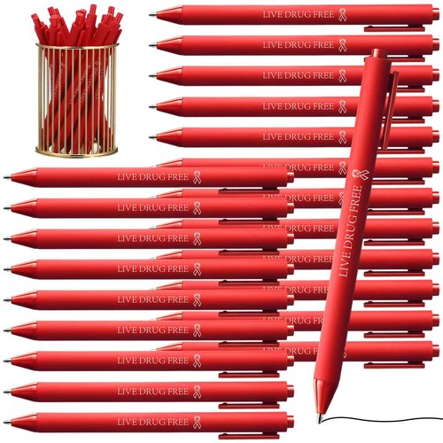 Cholemy 150 Pcs Red Ribbon Week Ballpoint Pens Live Drug Free Red Ribbon Awareness Pens Bulk Black Ink Retractable for Volunteer Fundraising Charity Event Party Favors Activity Supplies