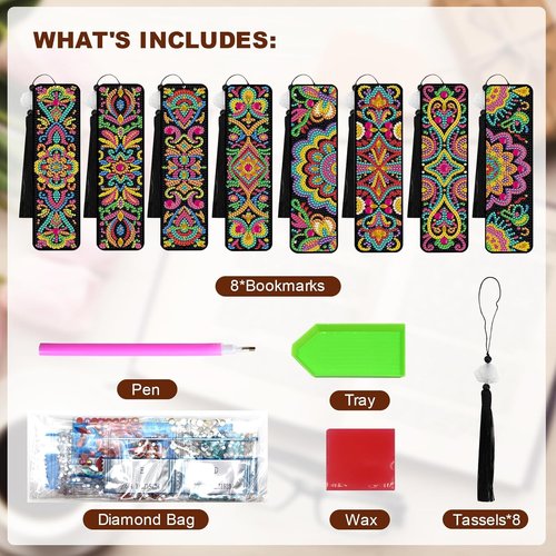 Skiennix 5D Diamond Art Bookmarks Kit - 8 Pcs with Tassels for Book Lovers | Mandala Design