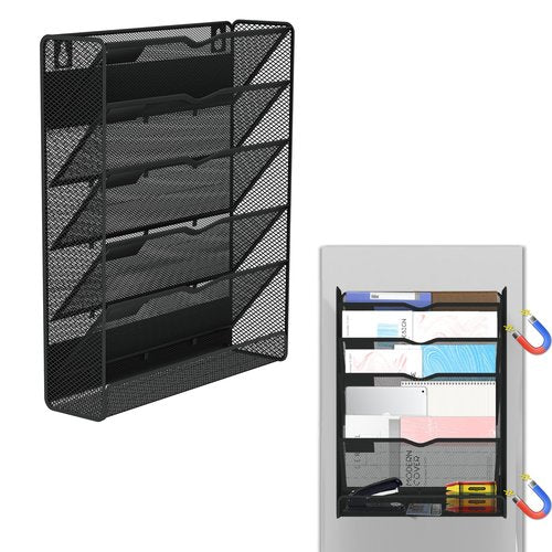 Ounyoizs 6-Tier Magnetic File Holder, Large Capacity File Cabinet Organizer, No-Drill Mount Hanging Magnetic Paper Holder for File Cabinets, Office, Whiteboard, Magnetic Mail Holder, Black