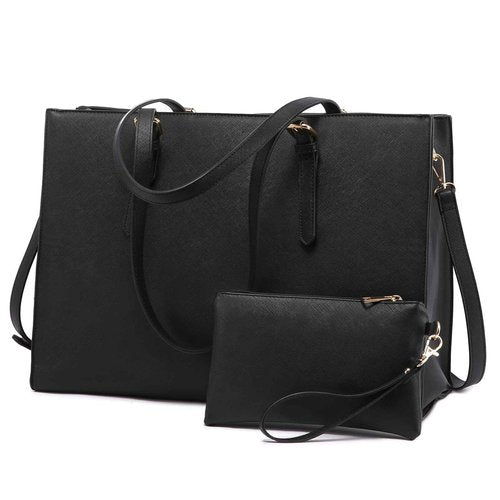 LOVEVOOK 17.3-inch Laptop Bag for Women, Large Capacity Travel Tote Bag with Clutch Purse 2PCs Set, Professional Business Computer Work Bag, Leather Shoulder Briefcase for Office Lady, Black