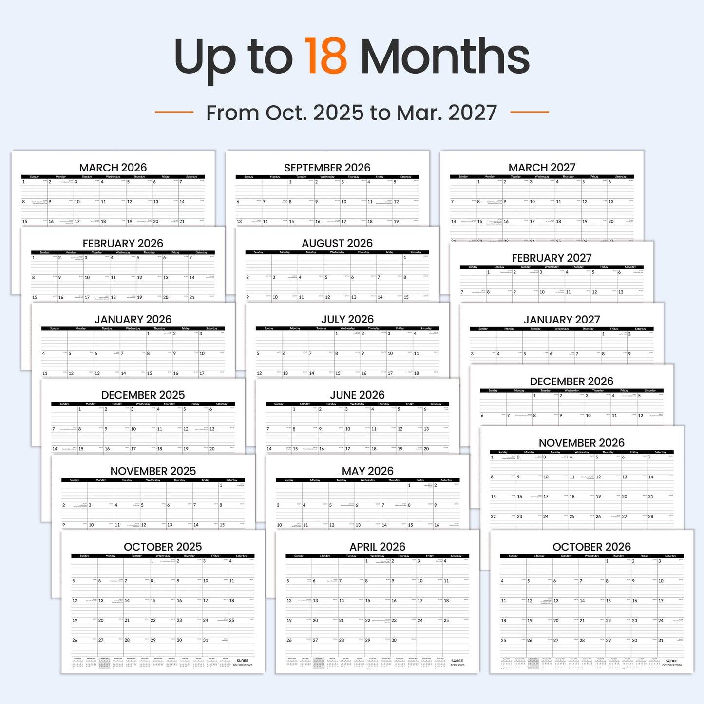 SUNEE Desk Calendar 2026, 18 Months from Oct. 2025 to Mar. 2027, 17"x12" Academic 2026 Calendar for Home, School, or Office Desk Top Organizing, Black Monthy Calendar 2026