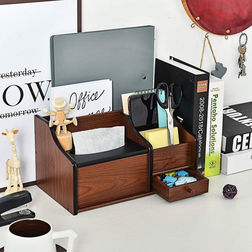 Liry Products Cherry Brown Wood Desk Organizer Tissue Box Lid Multiple Slots Drawer Tabletop Storage Cabinet Solid Wood Phone Tablet Remote Control Holder Office Supplies Caddy Accessory Sorter Home