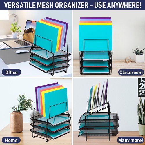Mesh Desk Organizer and Storage, Office Organizer with 3 Sliding Letter Trays and 5 Vertical File Holders, Steel Mesh File Rack for Binders, Folders, and Clipboards. Letter Tray for Desk Organization