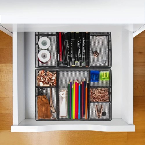VyGrow Desk Drawer Organizer Tray, Metal Mesh Drawer Organizers Office, 6 Adjustable Compartment, Desk Organizer Tray for Home Office 12.87L x 8.73D x 1.96H inch, Black, 1PC Medium